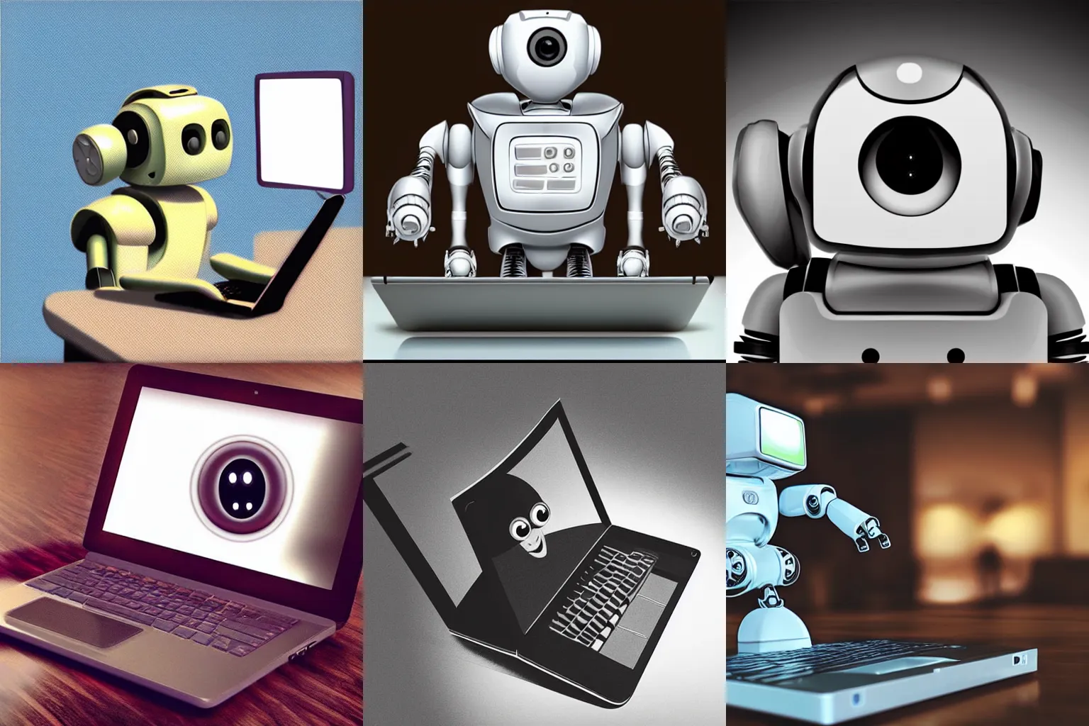 Prompt: “a cute robot looking at pictures on a laptop photorealistic”