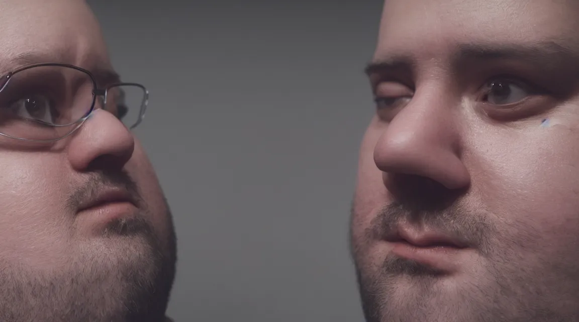 Prompt: Closeup shot of fat face staring at his phone in dark room, illuminated by his phone screen, facial hair, Canon, 100mm, octane render, photorealistic, detailed, cinematic, 8k no blur, volumetric lighting