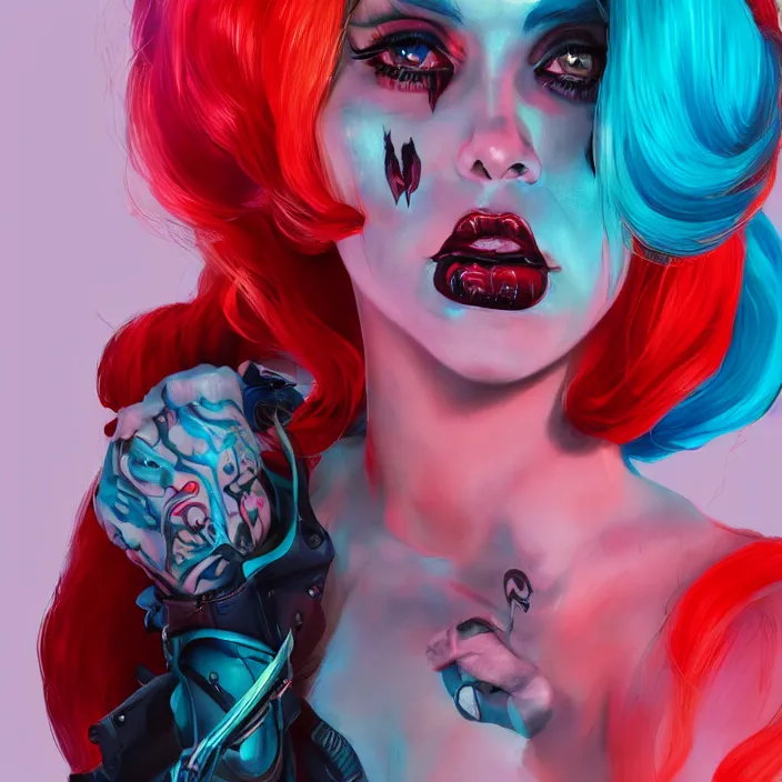 Image similar to portrait of lana del ray as a harley quinn. intricate abstract. intricate artwork. nightmare fuel. by Tooth Wu, wlop, beeple, dan mumford. octane render, trending on artstation, greg rutkowski very coherent symmetrical artwork. cinematic, hyper realism, high detail, octane render, 8k, iridescent accents