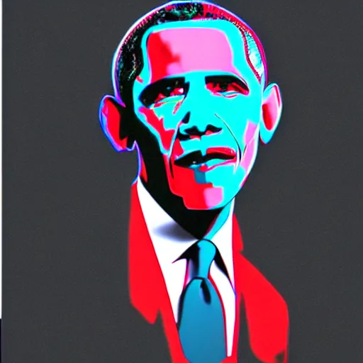 Prompt: obama in a suit and tie with a creepy face, a screenprint by warhol, reddit contest winner, antipodeans, hellish, anaglyph filter, hellish background