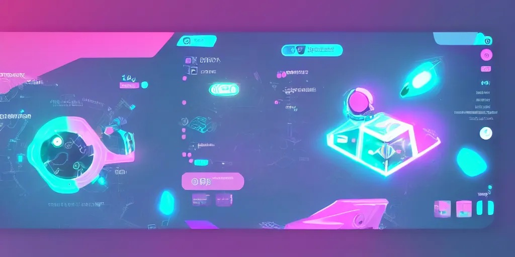 Image similar to futuristic game UI , pastel bright color, blue and pink, cute icons, elite dangerous interface, HUD