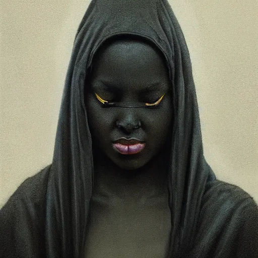 Image similar to a portrait of a young black woman wearing a long dark cloak, hood and shadows covering face, anatomically correct, beautiful perfect face, enigmatic, oil painting, matte painting, black background, Volumetric dynamic lighting, Highly Detailed, Cinematic Lighting, Unreal Engine, 8k, HD, by Beksinski