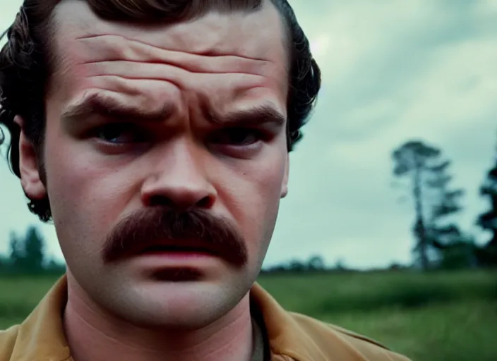 Prompt: film still of jim hopper as steve harrington in stranger things, 8 k