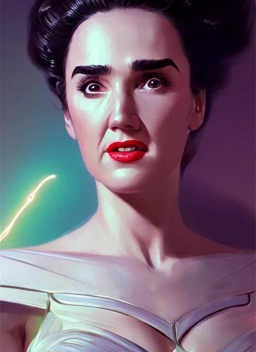 Image similar to portrait of 1 9 5 0 s darna, jennifer connelly, intricate, elegant, glowing lights, highly detailed, digital painting, artstation, glamor pose, concept art, smooth, sharp focus, illustration, art by wlop, mars ravelo and greg rutkowski