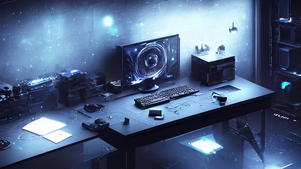 Image similar to a galactic overpowered computer. Overclocking, watercooling, custom computer, cyber, mat black metal, alienware, galactic design, desktop computer, desk, home office, whole room, minimalist, Beautiful dramatic dark moody tones and lighting, space color neon, Ultra realistic details, cinematic atmosphere, studio lighting, shadows, dark background, dimmed lights, industrial architecture, Octane render, realistic 3D, photorealistic rendering, 8K, 4K, Cyborg R.A.T 7, Republic of Gamer, computer setup, highly detailed