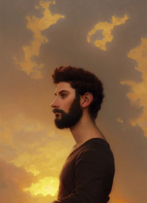 Prompt: oil painting of a handsome young man with dark hair, wearing a crown of fire!! at sunset, hazy, digital art, chiaroscuro, artstation, cinematic, golden hour, digital art painting by greg rutkowski, william - adolphe bouguereau, hazy atmosphere, cinematic lighting