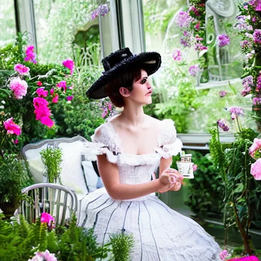 Image similar to wearing raybands wall full body fashion model emma watson smokey eyes makeup eye shadow fantasy, glow, shimmer as victorian woman in a long white frilly lace dress and a large white hat having tea in a sunroom filled with flowers, roses and lush fern flowers ,intricate, night, highly detailed, dramatic lighting , high quality