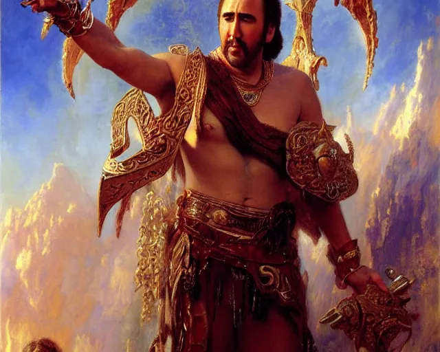 Image similar to attractive nicolas cage as a god. highly detailed painting by gaston bussiere, craig mullins, j. c. leyendecker 8 k