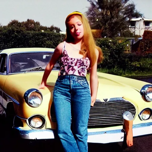 Image similar to young Nancy sinatra doing a cute pose beside a vintage car