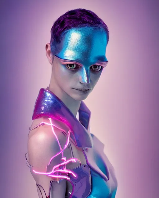 Prompt: natural light, soft focus portrait of a cyberpunk anthropomorphic newt with soft synthetic pink skin, blue bioluminescent plastics, smooth shiny metal, elaborate ornate head piece, piercings, skin textures, by annie leibovitz, paul lehr