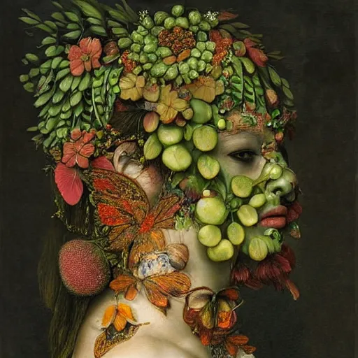 Image similar to a beautiful profile portrait of a beautiful female, leaves, by giuseppe arcimboldo,, psychedelic, surreal, dreamlike, environmental friendly, nature.