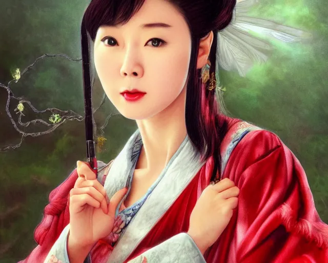 Image similar to photography of yung mei - ling, a hong kong famous actress during the early 1 9 8 0 s, dressed as dongfang bubai, deep focus, d & d, fantasy, intricate, elegant, highly detailed, digital painting, artstation, concept art, matte, sharp focus, illustration, hearthstone, art by artgerm and greg rutkowski and alphonse mucha