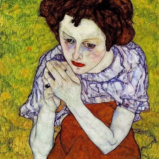 Prompt: girl at a picnic,, by Egon Schiele