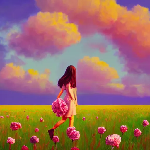 Image similar to head of carnations flower, full body, girl walking in a flower field, surreal photography, sunrise dramatic light, impressionist painting, colorful clouds, digital painting, artstation, simon stalenhag, flower face