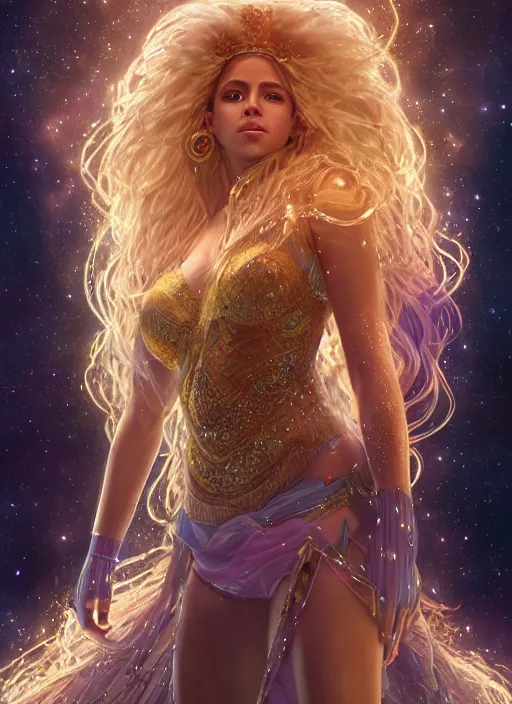 Image similar to cosmic portrait of shakira as queen of the universe, hyper detailed, digital art, cinematic lighting, studio quality, smooth render, unreal engine 5, octane rendered, art style by klimt and nixeu and ian sprigger and wlop and krenz cushart.