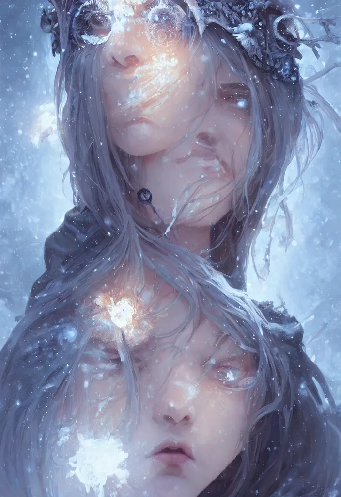 Image similar to beautiful ancient frost witch, eye fire, snow glow, snowfall, highly detailed, digital painting, artstation, sharp focus, illustration, art by tan zi and ayanamikodon and alphonse mucha and wlop