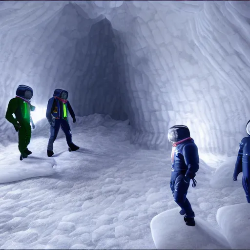 Prompt: photo realistic space explorers standing in massive ice cave, glowing volumetric lighting