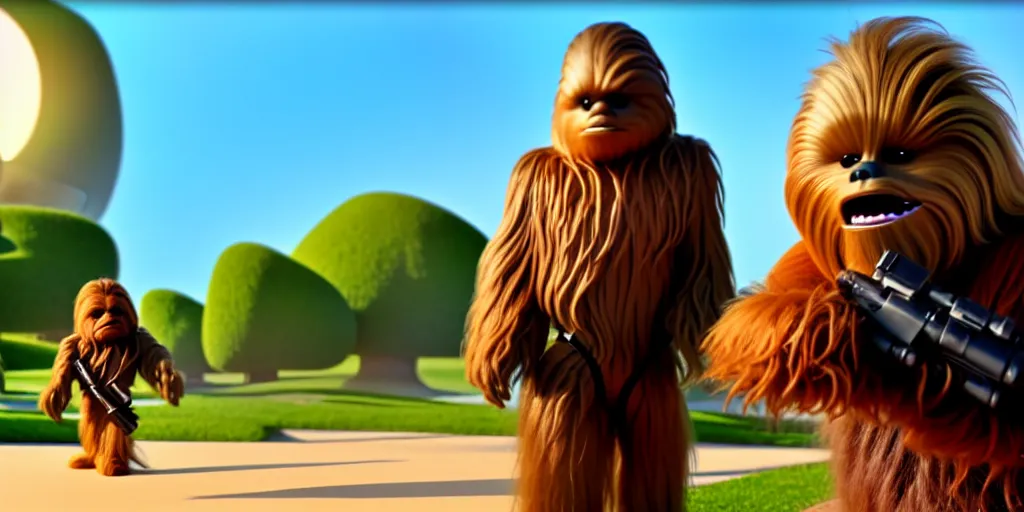 Prompt: a wholesome animation key shot of a chewbacca pixar and disney animation sharp render 3 d animated, cinematic lighting