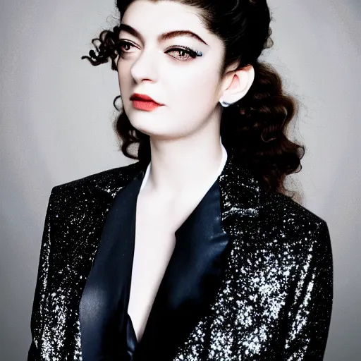 Image similar to lorde photoshoot for rolling stone magazine, glitter eye makeup, black suit jacket, white bodysuit, black dress pants, black platform heels, highly detailed with sunset backdrop and vintage props. 4 k, photo realistic,