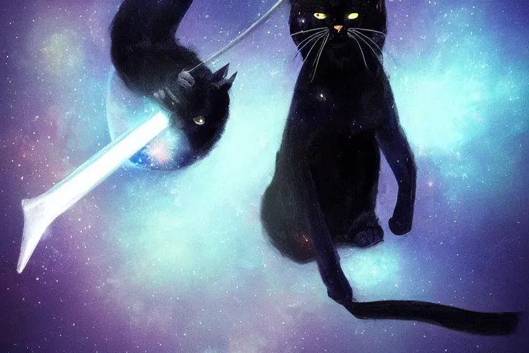 Image similar to a black cat holding a sword of galaxy, magic, digital art, glowing effect , concept art trending on artstation ,