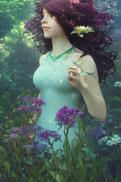 Image similar to a beautiful render of a beautiful female earth sprite, nature, flowers, a beautiful face, perfectly shaded, atmospheric lighting, style of makoto shinkai, raphael lacoste, louis comfort tiffany, artgerm, karol bak, james jean, alphonse maria mucha