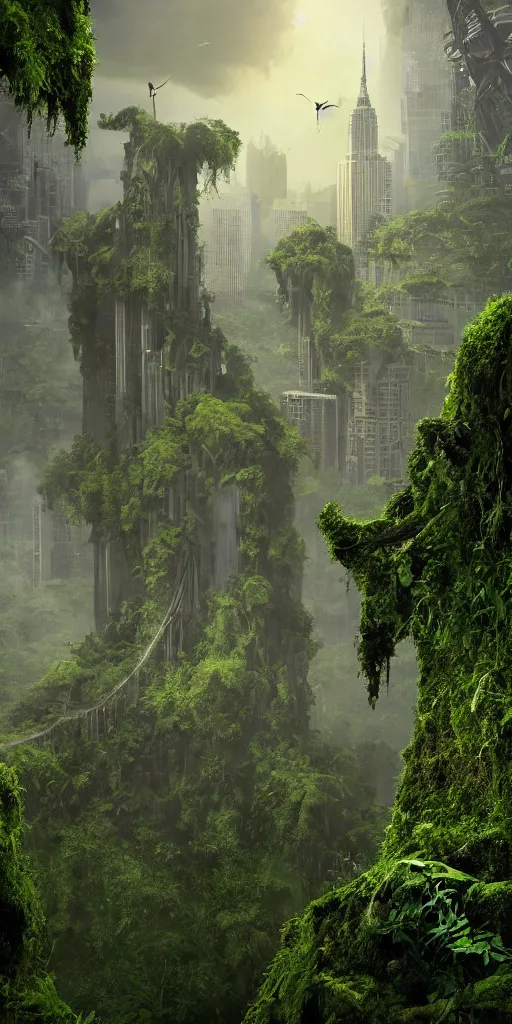 Prompt: an epic view of the ecotopic empire state building covered in vines and moss, jungle, with pterosaurs flying, close - up, low angle, wide angle, atmospheric, volumetric lighting, cinematic, 8 k, octane render, unreal engine, very realistic, highly detailed digital art, painted by tyler edlin