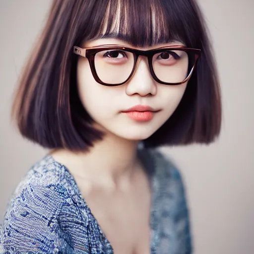 Prompt: portrait, award - winning photo, cute, beautiful, faired skin, round faced, brown colored long hair, bob cut, korean girl, wearing round glasses, white trendy clothes, bokeh