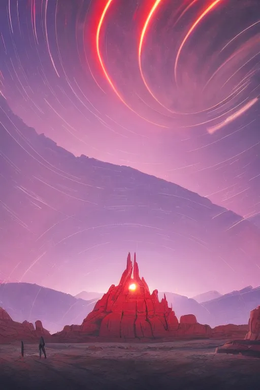 Image similar to futuristic temple in red canyon, star trails above, dramatic lighting, artstation, matte painting, ralph mcquarrie, simon stalenhag, zaha hadid