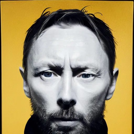 Image similar to Thom Yorke, a man with a beard and a black jacket, a portrait by John E. Berninger, dribble, neo-expressionism, uhd image, studio portrait, 1990s