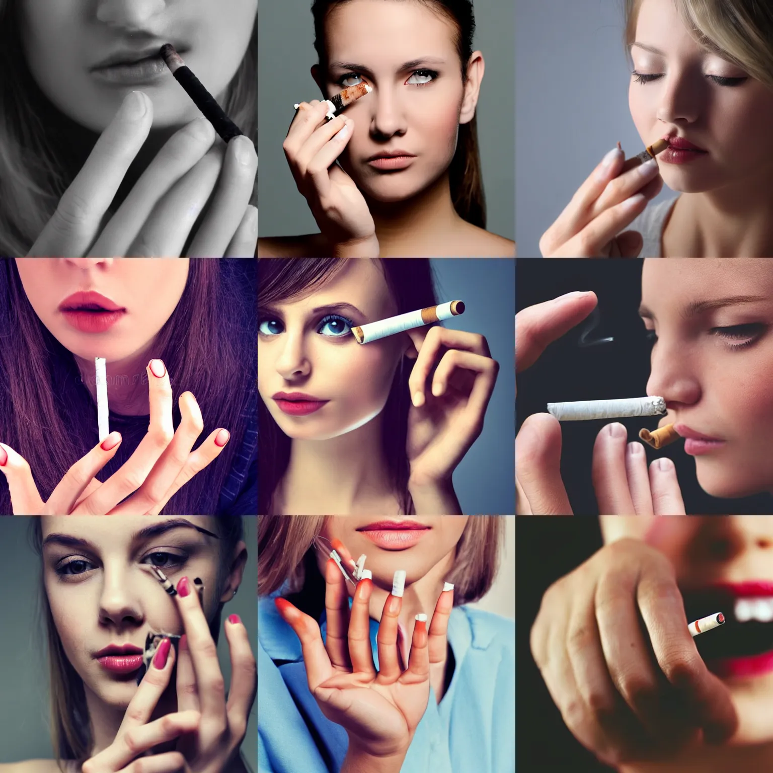 Prompt: perfect human female hand with cigarette, high detailed, photostock, Smoking