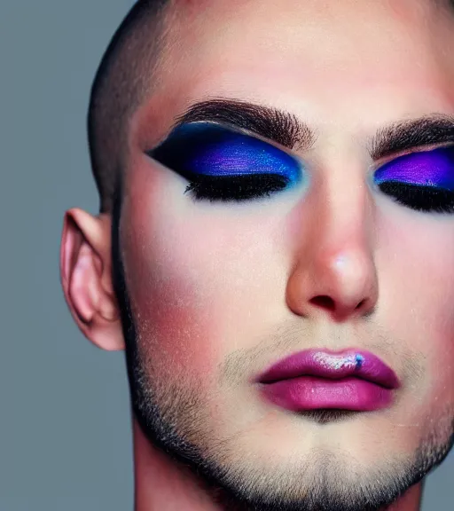 Prompt: beautiful realistic portrait of a beautiful young gay man with makeup, 4 k
