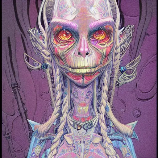 Image similar to original jean giraud digital art painting, pastel goth aesthetic, kawaii, creepy, highly detailed, perfect proportions, highly intricate, pastel colors