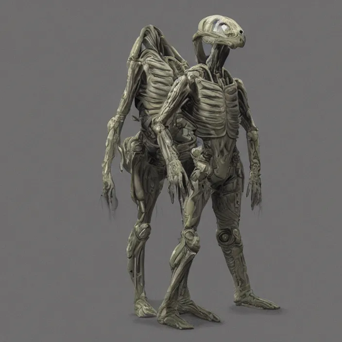 Image similar to lone alien suited being, 4 limbs and civilized behavior, military soldier behavior, photorealistic rendering, hyperdetailed