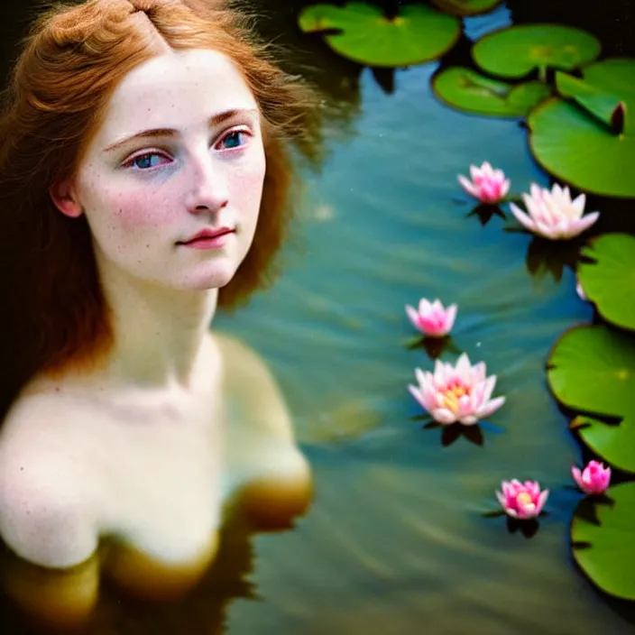 Image similar to Kodak Portra 400, 8K, soft light, volumetric lighting, highly detailed, britt marling style 3/4 ,view from above of close-up portrait photo of a beautiful woman how pre-Raphaelites painter, part of the face is emerging of a pond with water lilies, , she has a beautiful lace dress and hair are intricate with highly detailed realistic beautiful flowers , Realistic, Refined, Highly Detailed, natural outdoor soft pastel lighting colors scheme, outdoor fine art photography, Hyper realistic, photo realistic,warm lighting,