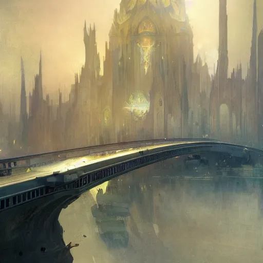 Prompt: the most beautiful futuristic bridge, reflexions, very high details by william turner art, greg rutkowski and alphonse mucha, trending on artstation, very very detailed, masterpiece