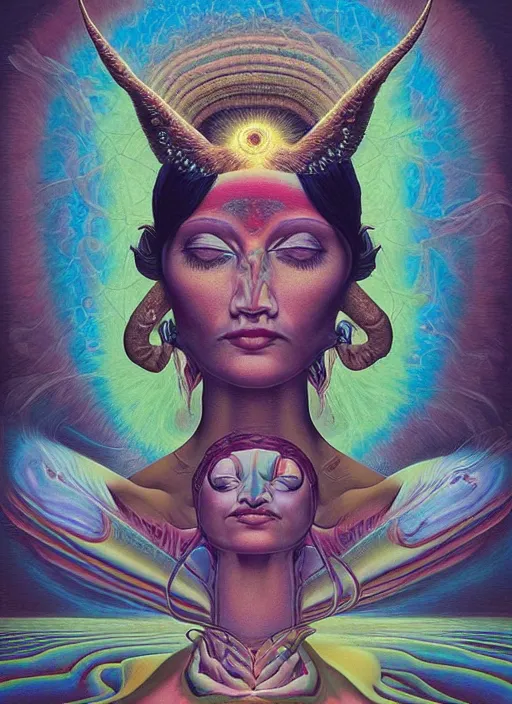 Prompt: portrait ultra dimensional enlightened cult woman shaman, enlightenment tripping on dmt, psychedelic experience, surrealism masterpiece composition, by michael parkes, casey weldon