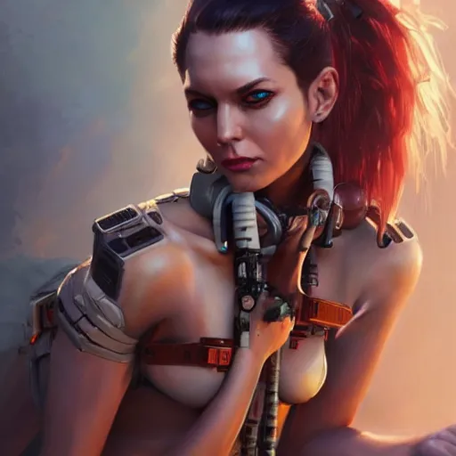 Image similar to tank girl, highly detailed, half android, power implants, body transmogrify, beautiful, mesmerising, look of desire, loving stare, digital painting, trending on artstation, concept art, 4 k, sharp focus, illustration, art by artgerm and greg rutkowski