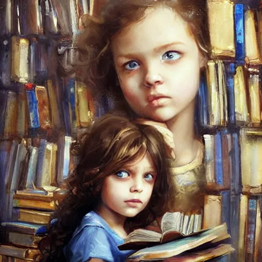 Image similar to a little girl with short curly light brown hair and blue eyes sitting amidst tall piles of books. beautiful painting by raymond swanland and magali villanueve, beautiful highly detailed face.