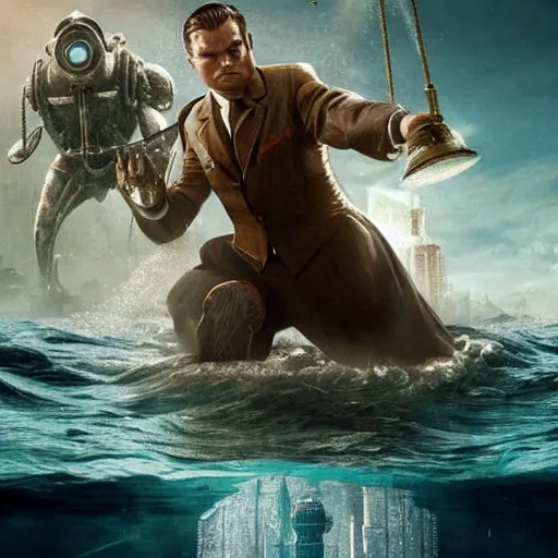 Image similar to movie poster depicting andrew ryan, portrayed by leonardo dicaprio, in a new live - action bioshock movie, the underwater city of rapture is also present