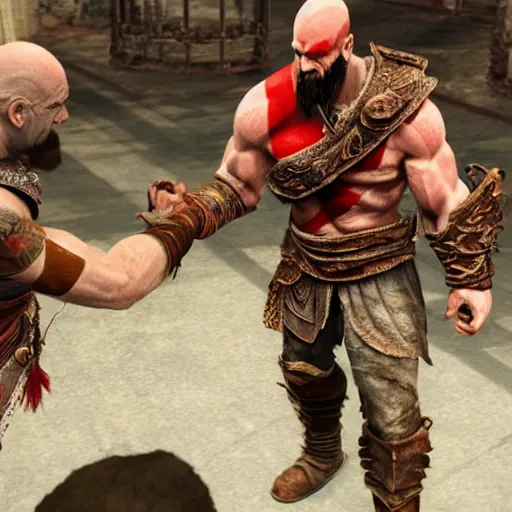 Prompt: kratos from god of war high fiving gus fring