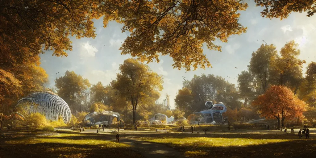 Prompt: a woodland city and park with a glorious spherical sci-fi building at its centre, bright and sunny day, autumn, Greg Rutkowski and Ivan Shishkin