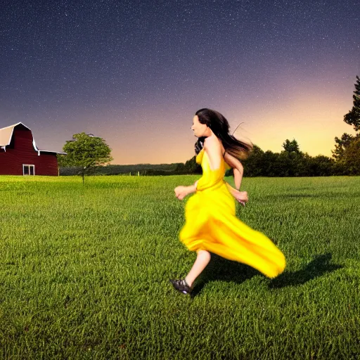 Image similar to a woman running at night in a yellow dress in the center of the frame sideways, dark hair, a barn, bushes and trees in the background, realistic photo, 4K, 35 mm