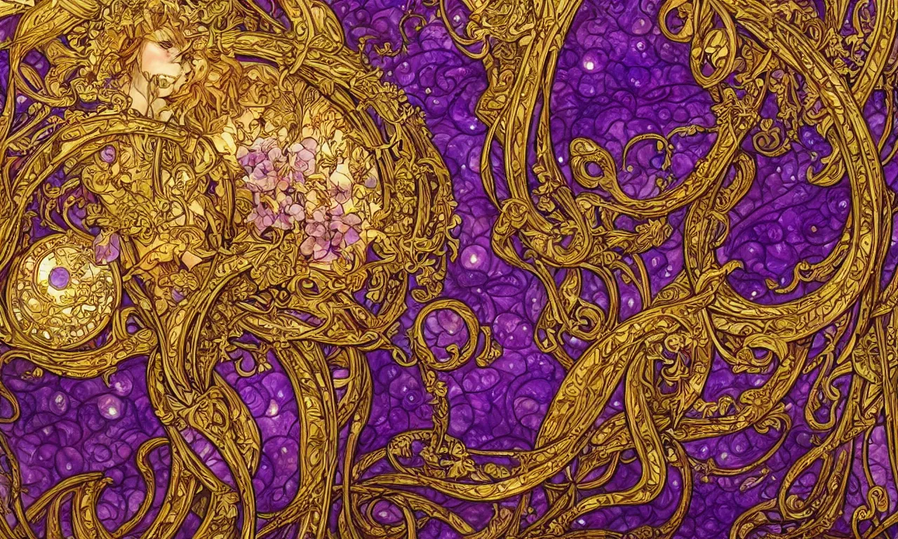 Prompt: breathtaking detailed intricate art nouveau canvas frame with fire amethyst ribbons, golden entertwined flowers, fireflies floating around with hyper detailed golden stained glass windows, concept art, matte, sharp focus by johannes voss and Quentin Mabille, trending on Artstation