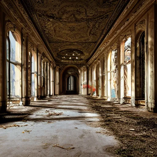Image similar to time has ended before it even started, luxurious abandoned palace, realistic ground, realistic shadows, illuminated by godrays, reflections, 8 k