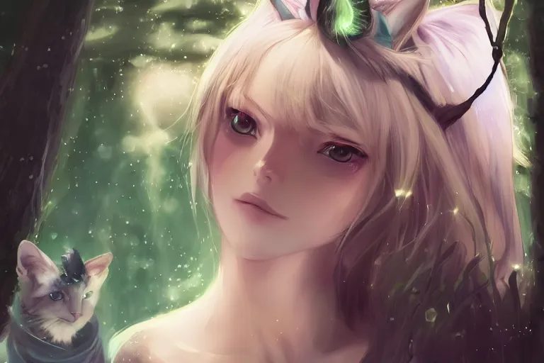 Image similar to female mage with cat ears in a forest, detailed attractive face, fantasy art, anime style, by charlie bowater, by makoto shinkai, by studio ghibli, atmospheric, vector art, 4 k film still, close up portrait