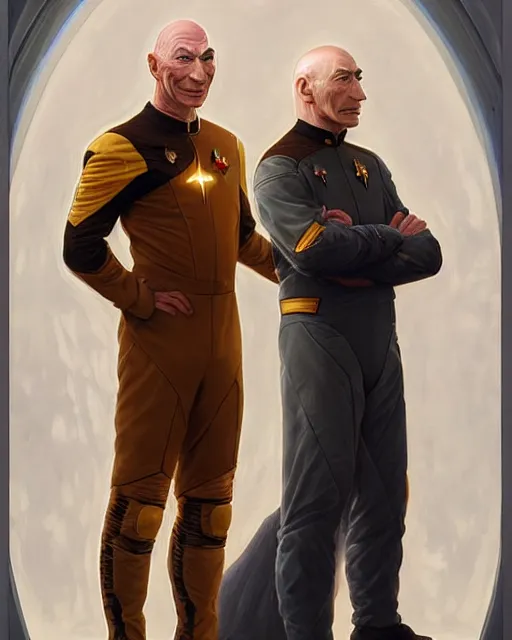 Image similar to Portrait of Jean Luc Picard & Kirk wearing spacesuits, real life skin, intricate, elegant, highly detailed, artstation, concept art, smooth, sharp focus, art by artgerm and greg rutkowski and alphonse mucha