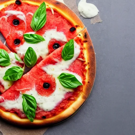 Prompt: a pizza topped with watermelon