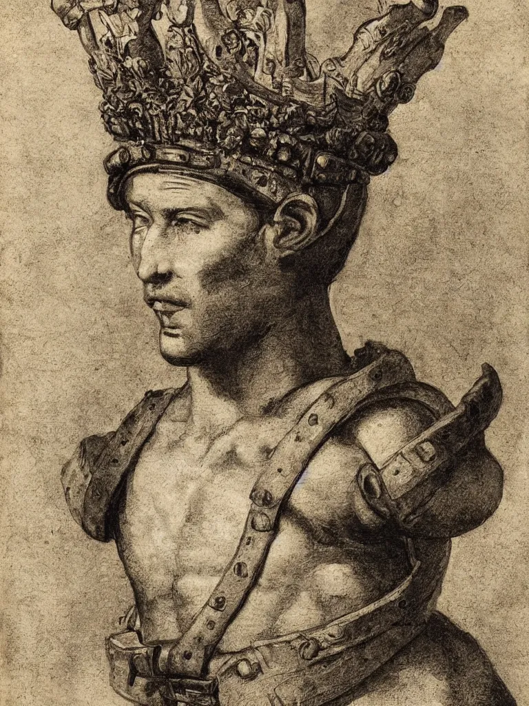 Prompt: portrait of a soldier wearing a crown by michelangelo