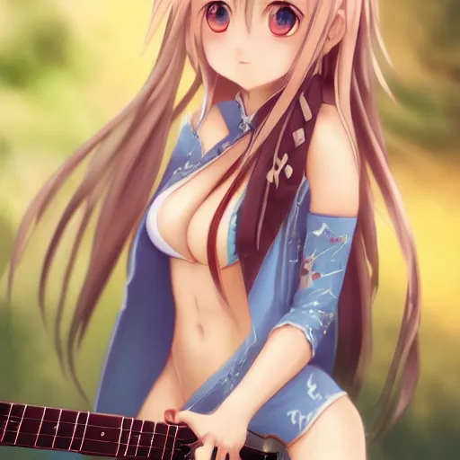 Prompt: a very beautiful little yuuki asuna playing guitar, full body, long wavy blond hair, sky blue eyes, full round face,, bikini, miniskirt, front view, mid - shot, highly detailed, cinematic wallpaper by stanley artgerm lau