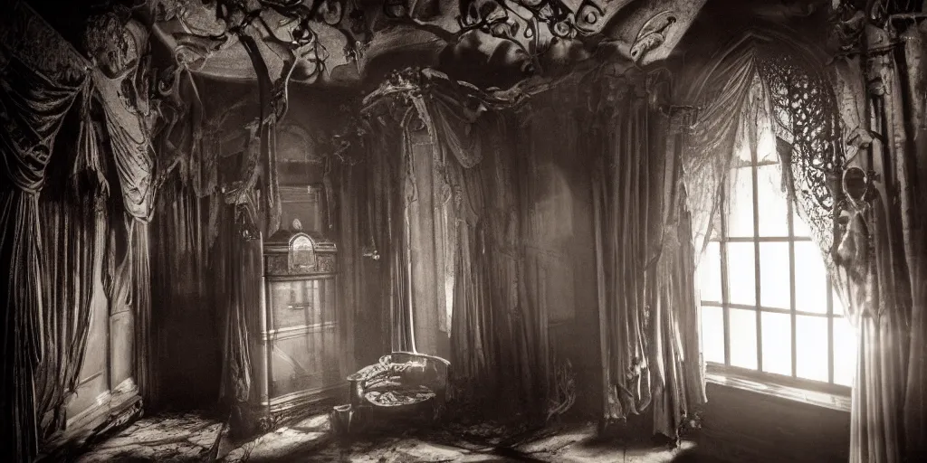 Image similar to inside a haunted mansion at night, moonlight shines through the windows, dramatic shadows, gothic